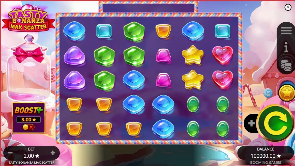 Tasty Bonanza Max Scatter slot com doces coloridos e interface vibrante